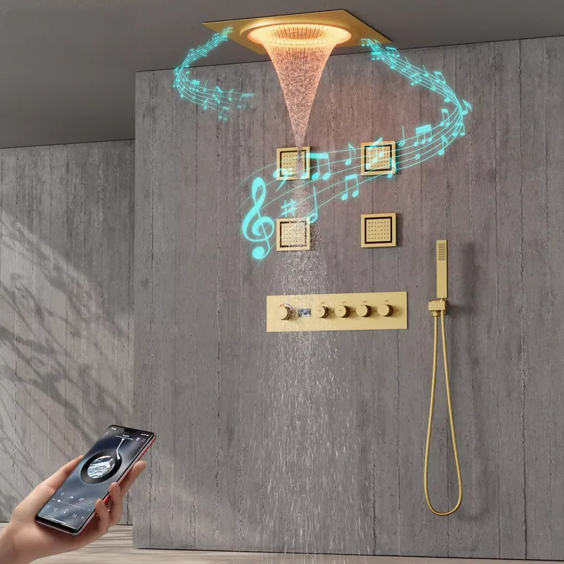 Smart Home System - ชุดฝักบัว LED อัจฉริยะ พร้อมระบบเสียงเพลงในห้องน้ำ ฝักบัวแบบฝังผนัง สีดำด้าน