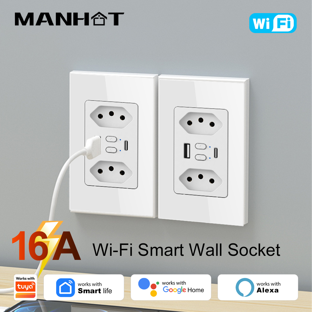 Smart Home Google Assistant - MANHOT ปลั๊กไฟอัจฉริยะ Wifi สำหรับบราซิล พร้อมช่องเสียบ USB