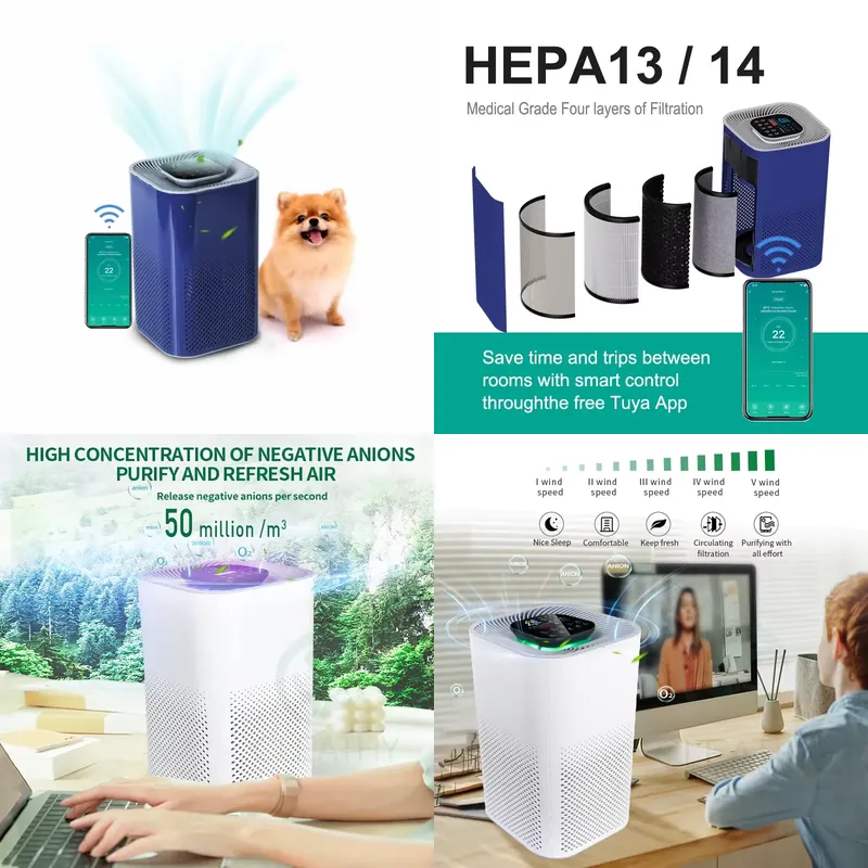 Smart Home Wifi - เครื่องฟอกอากาศแบบพกพาอัจฉริยะสำหรับตั้งโต๊ะ พร้อมระบบ WIFI ใช้คาร์บอนกัมมันต์และแผ่นกรอง HEPA13 สำหรับใช้ในบ้าน