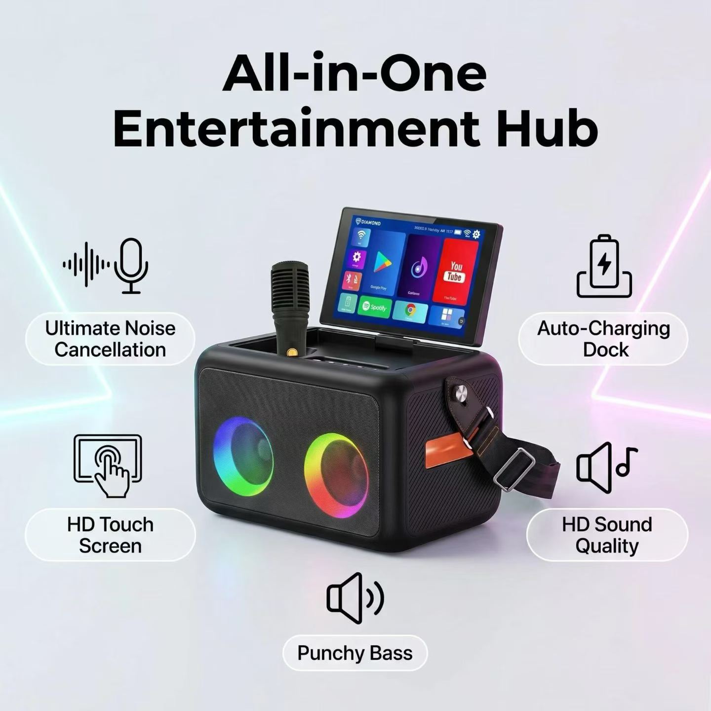 Smart Home Speaker - เครื่องคาราโอเกะแอนดรอยด์พร้อมหน้าจอสัมผัส ระบบลำโพงอัจฉริยะ WiFi พร้อมจอแสดงเนื้อเพลง สำหรับงานปาร์ตี้คาราโอเกะที่บ้าน